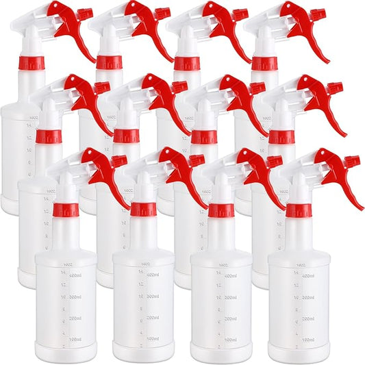 Eccliy 12 Pcs 16 Oz Plastic Spray Bottle, Adjustable Empty Reusable Sprayer for Cleaning, Planting, Water, Bathroom and Kitchen, BBQ, Commercial and Residential(Red & White,Measurement)