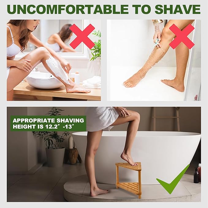 Bamboo Corner Shower Stool,2-Tier Waterproof Shower Stool for Inside Shower Shaving Leg,Small Spaces,Shower Foot Rest with Storage Shelf,Shower Bench,Bath Seat,Corner Nightstand gift for women mom