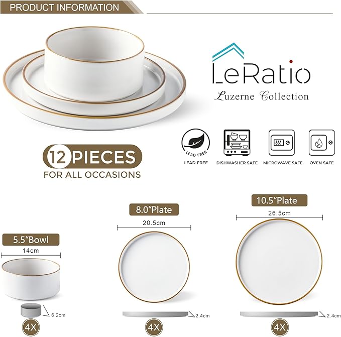 LERATIO Ceramic Dinnerware Sets for 4,Matte Stoneware Plates and Bowls Set, Chip and Crack Resistant | Oven & Dishwasher & Microwave Safe Dishes Set, Service for 4-Dusted Gold Rim