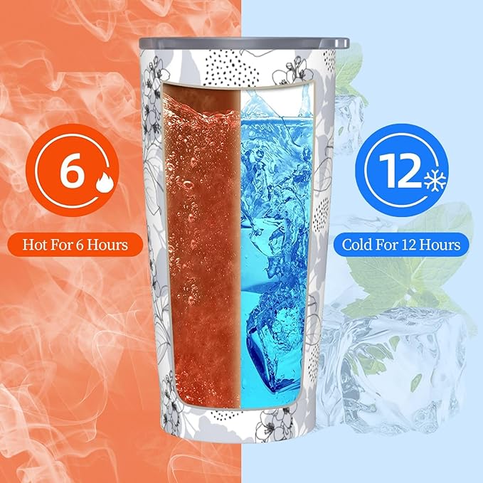 Gray flower Tumbler,Flowers 20oz Stainless Steel Insulated Travel Tumblers,Travel Coffee Mug with Lid and Straw Water Bottle Drink Tumbler Cups Gifts for Women Men Lovers