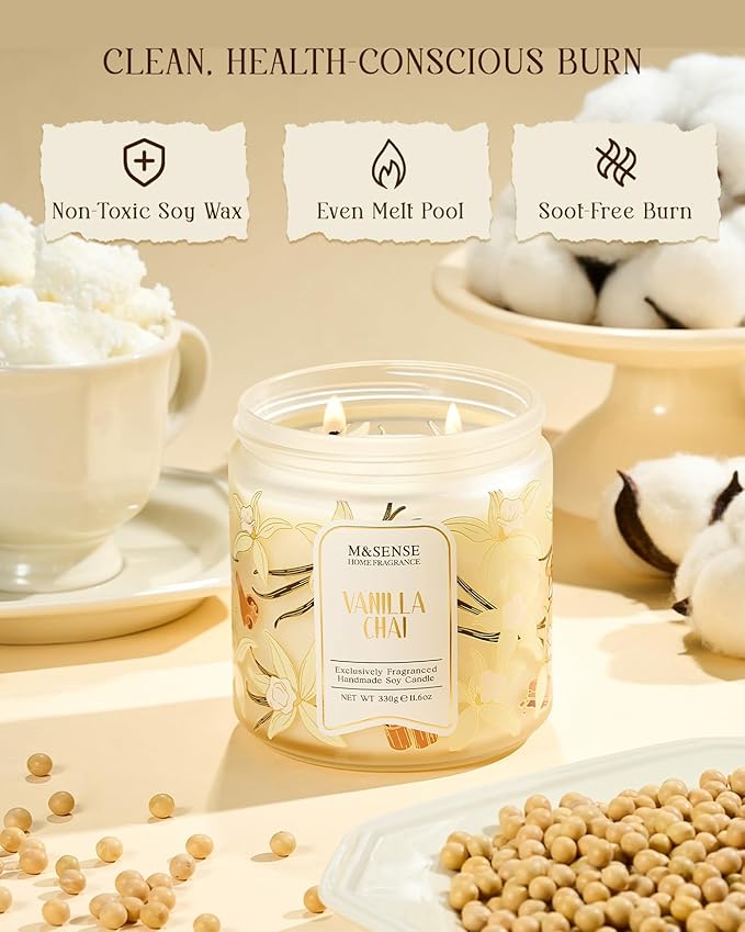 M&SENSE Vanilla Chai Scented Candle, 11.6oz Natural Soy Wax, 70 Hours Long Lasting Clean Burn, Holiday Jar Candle for Home Decor, Non-Toxic Relaxing Aromatherapy Gifts for Women
