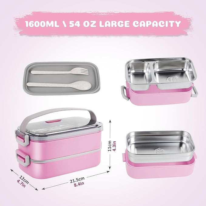 Bento Lunch Box for Kids Women Men, 47oz 2-Compartment Snack Salad Metal Food Prep Pack Container for Lunch, Stainless Steel 2 Layers Stackable Lunch Containers with Lids for Adults and Teens Pink