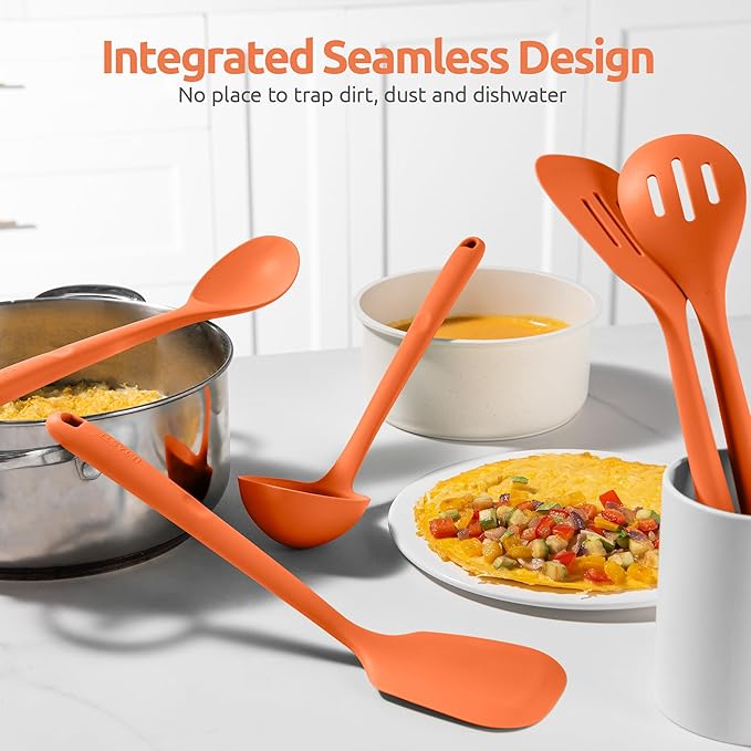 Silicone Kitchen Cooking Utensil Set: U-Taste 600ºF Heat Resistant 13.6in Extra Long Kitchen Tools, Food-Grade Non-Stick Spatula Turner Spoon Ladle for Stir Frying, Serving, Mixing (5 Pieces, Orange)