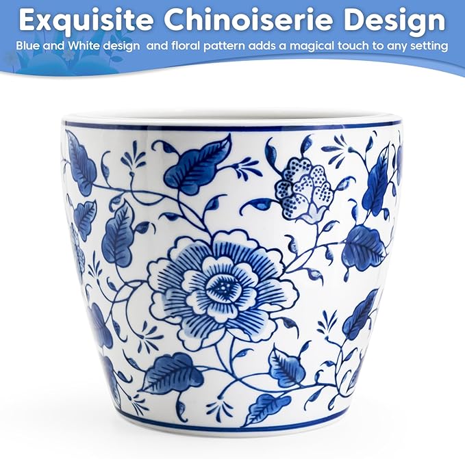 8 inch Ceramic Planters for Indoor Plants, Chinoiserie Decor Ceramic Pots for Plants Flower Plant Pots Indoor with Drainage and Saucer, Blue and White