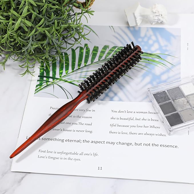 Small Boar Bristle Round Brush for Blow Drying, Styling - Wooden Handle, Soft Natural Bristles for Short/Thin Hair, Women and Men's Beard