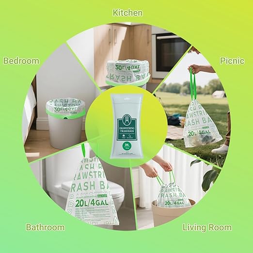 OKKEAI 4 Gallon Heavy Duty Drawstring Trash Bags, Green Printed Unscented Small Garbage Liners for Kitchen & Bathroom – 90 Count Leak-Proof