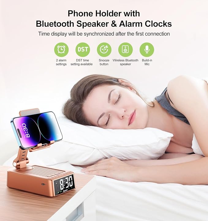 Gifts for Women Girls, Phone Stand with Bluetooth Speaker 360° Rotable Angle Adjustable Cell Phone Holder for Desk with HD Subwoofer Sound Fits All Phones,Tablets (Rose Gold)