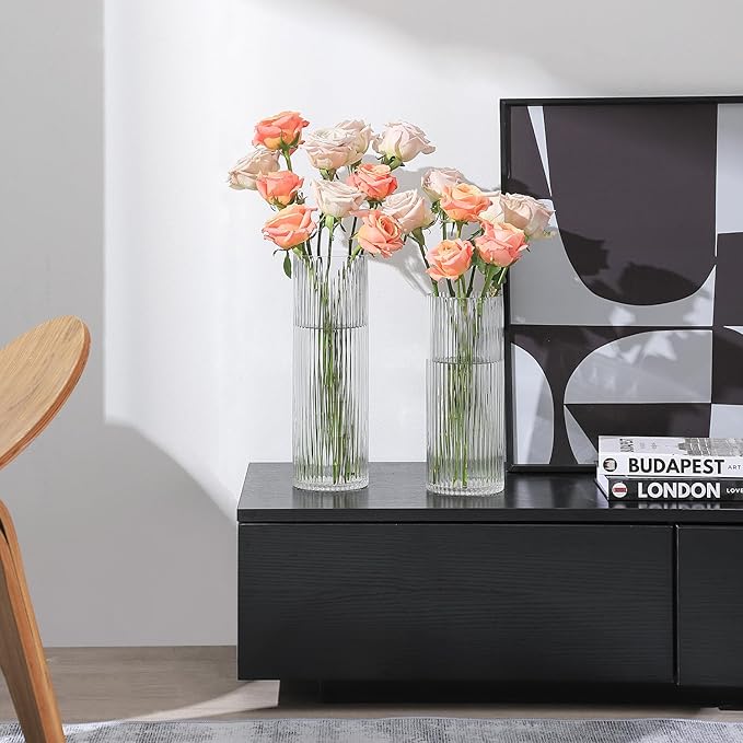 Clear Glass Vases, Glass Flower Vases Set of 2, Ribbed Glass Vases, Clear Vase, Tall Cylinder Vase for Centerpieces, Living Room, Bedroom, Dining Table, Office, Wedding, Bookshelf