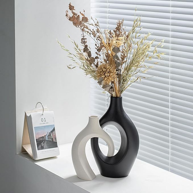 XL Black and Beige Snuggle Hollow Ceramic Vase of 2 for Coffee Table Decor, Modern Minimalist Aesthetic Donut Floral Vases, for Home Living Room Entryway Table Shelves Decorative (W 6.8" X H 11")