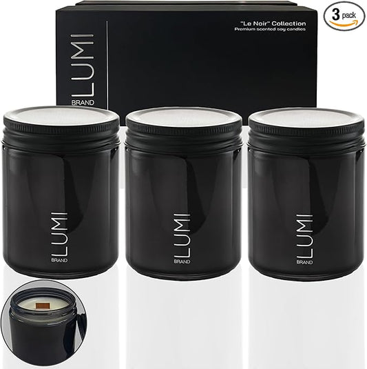 Set of 3 Premium Scented Soy Candles Gift Set | Le Noir Collection - Men’s Cologne, Red Teakwood, Bergamot & Oud | Crackling Wood Wick | Luxury Candles for Relaxation, Home Décor & Gifts | 9.8oz Each