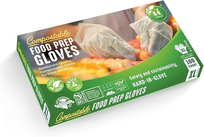 UNNI Compostable Food Prep Gloves, For Food Handling, ASTM D6400, US BPI, CMA & Europe OK Compost Certified
