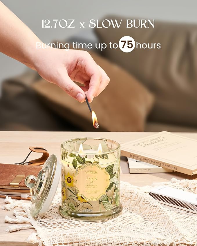 M&SENSE Sage Citrus Scented Candles, Natural Organic Soy Candle 12.7oz 75H Long Lasting Slow Burning, 2 Wick Large Jar Candle Stress Relief, Fall Winter Thanksgiving Christmas Housewarming Gift