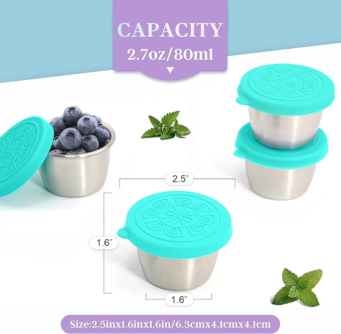 6x2.7 Oz Salad Dressing Container to Go,Handy Leakproof Stainless Steel Meal Prep Containers Reusable,Sauce Containers for Lunch Box, Picnics, Travel, Office and Kitchen Storage