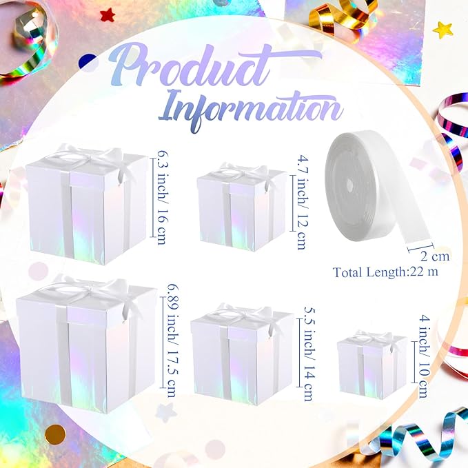 Cholemy 5 Pcs Square Nesting Boxes Decorative Gift Boxes with Lid and Ribbon Assorted Sizes Wrap for Wedding, Thanksgiving, Christmas, Anniversary, Birthday, Bridal Party(Iridescent)