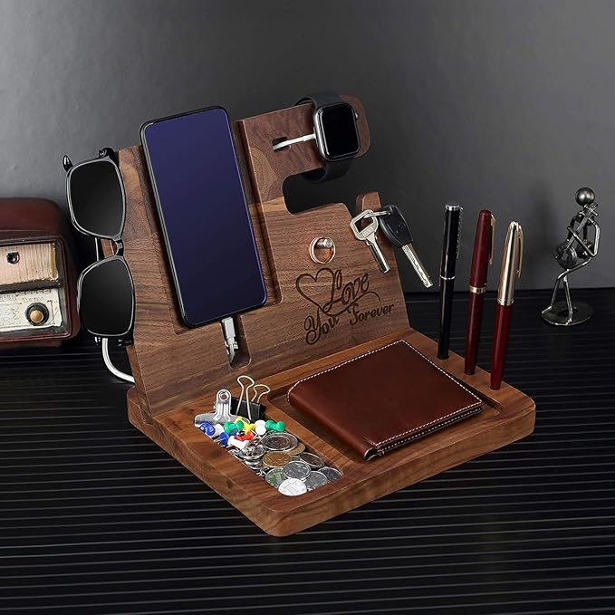 Wood Phone Docking Station for Men Personalized - for Him Husband Boyfriend Birthday - Wooden Organizer Nightstand Organizer