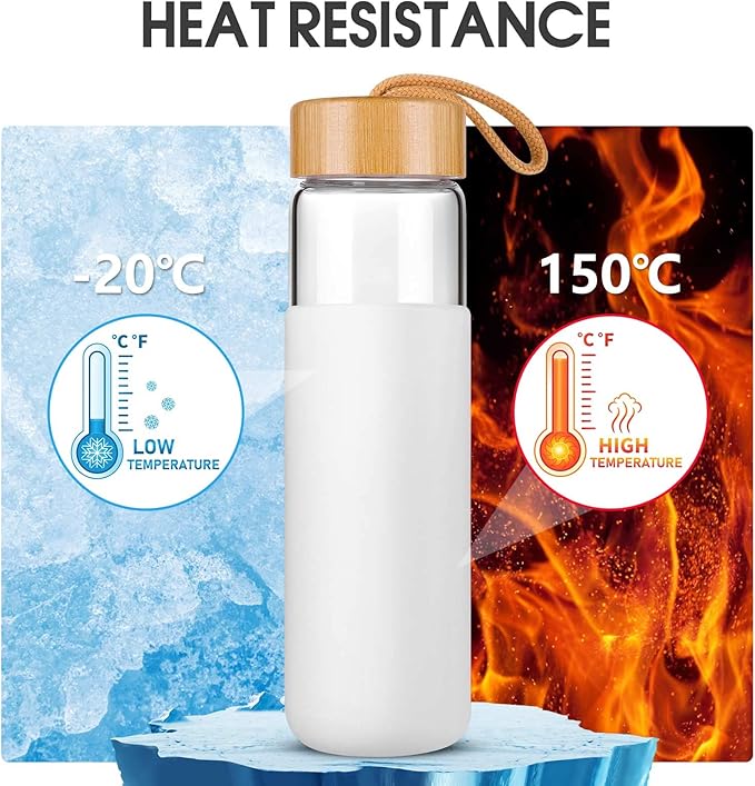 25 Oz Borosilicate Glass Water Bottles with Silicone Sleeve BPA Free, Dishwasher Safe - Reusable Clear Glass Drinking with Leak Proof Bamboo Lid | Perfect Gym Water Bottles for Men & Women