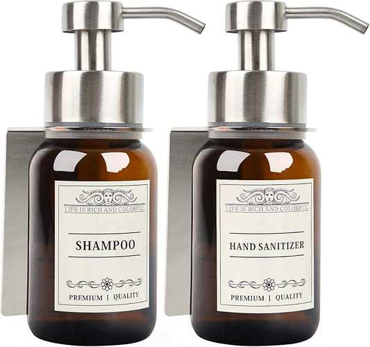 Glass Soap Dispenser with Pump and Wall Mount Holder,8.5 Oz Shampoo and Conditioner Dispenser,Dish Soap Dispenser with Waterproof Labels,2 Pack|Silver