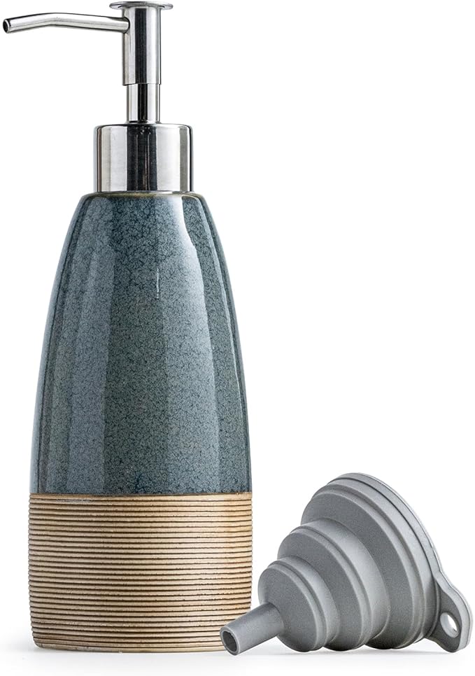 12 oz Dish Soap Dispenser with 2 Pumps, Ceramic Hand Soap Bottle for Shampoo, Body Wash, Lotion, Liquid Dispenser for Kitchen Countertop with Silicone Funnel, Ideal for Thanksgiving, Christmas, Blue