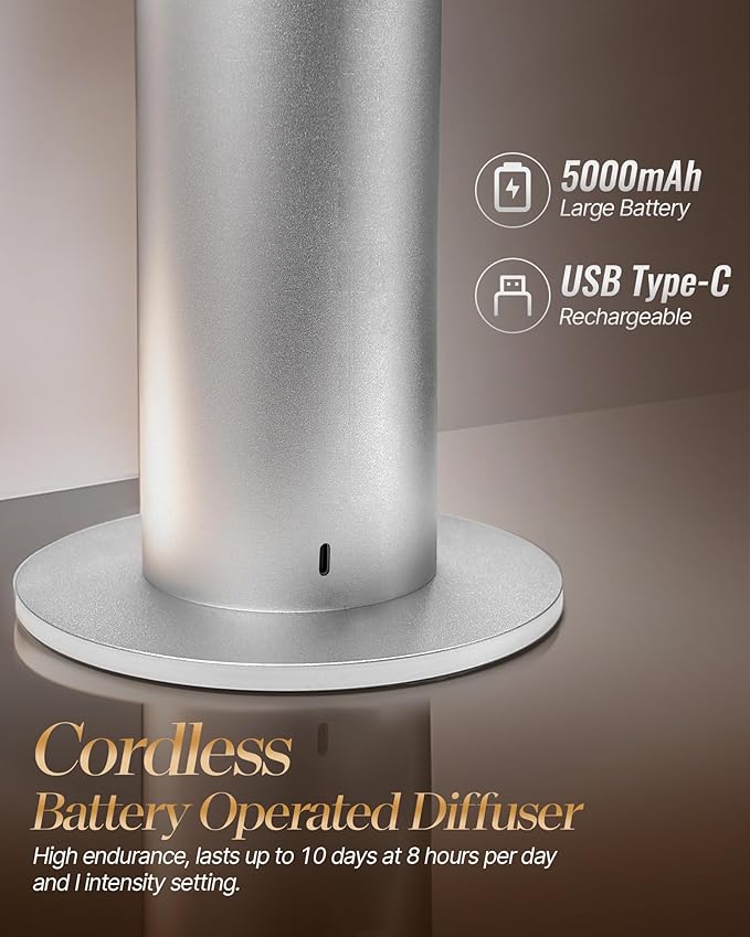 Waterless Diffuser for Home Large Room,Essential Oil Diffusers with 2000 Sq.Ft Coverage,Cordless Battery Operated Diffuser,Hotel Scent Diffusers Starter Kit for Bedroom/Office/Spa/App, Silver