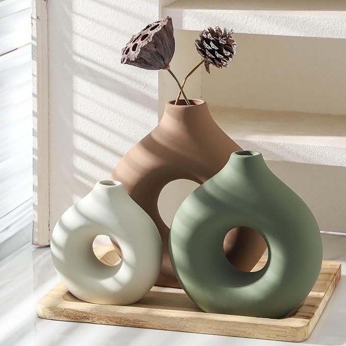 Ceramic Vase Home Table Decor - Flower Vases Set of 3 Small Living Room Centerpiece Decorations for Shelf Bedroom Office Kitchen Dining Desk Modern Aesthetic Farmhouse Decorative (Brown)