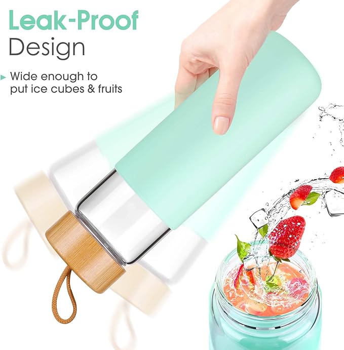 Borosilicate Glass Water Bottles with Silicone Sleeve BPA Free, Dishwasher Safe - Reusable Clear Glass Drinking with Leak Proof Bamboo Lid (Pure Blue, 25 Ounces)