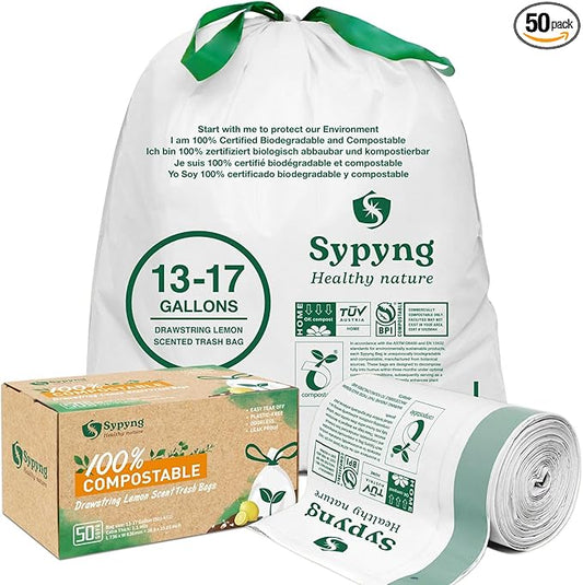 Compostable Kitchen Trash Bags 13 Gallon (50-Pack) - Heavy-Duty 1.1 Mil, 100% Biodegradable, ASTM D6400, BPI & OK Compost HOME Certified, Eco-Friendly, Leakproof & Odor Control