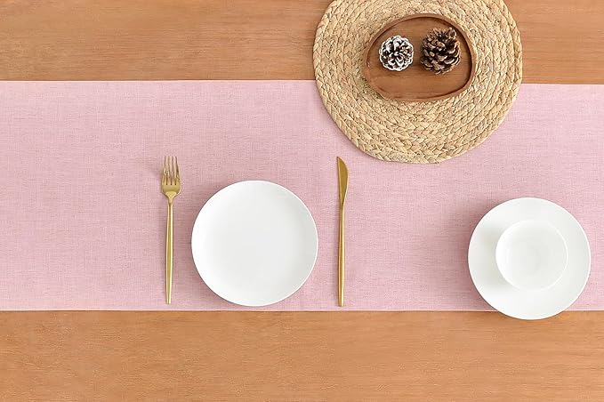Wracra Linen Style Table Runner, Rustic Farmhouse Pink Table Runners 90 Inches Long, Handcrafted Table Runner for Fall, Winter - Everyday Use and Machine Washable