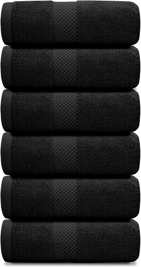 White Classic Luxury Black Hand Towels - Soft 100% Turkish Cotton | Highly Absorbent Hotel spa Bathroom Towel Collection | 16x30 Inch | Set of 6