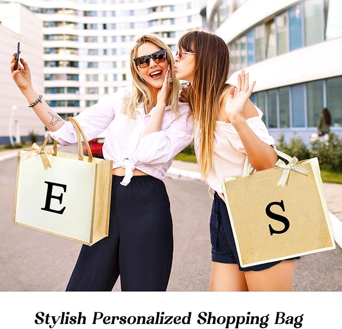 Initial Canvas Tote Bag & Makeup Bag for Women Teacher Bridesmaids，Personalized Present for Wedding, Birthday, Beach