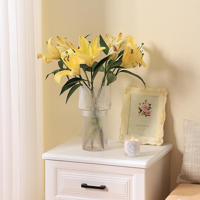 Large Glass Vase, 12 Inches Tall Vase for Flowers, Flower Vases for Bouquet, Modern Ribbed Glass Vases for Living Room, Dining Table, Office, Entryway, Mantle, Shelf, Wedding Gifts