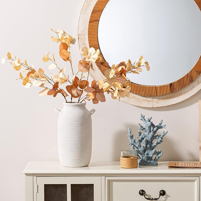 Large Flower Vase Home Decor - 12 inch Tall Ceramic Farmhouse Rustic Table Vases with Handle Living Room Decoration Decorative Rustic Pottery for Floor Kitchen Shelf Coffee Dining Desk Fireplace