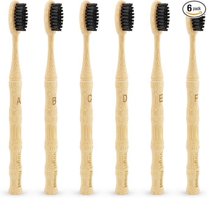 Virgin Forest Bamboo Toothbrush, Vegan Natural ECO Friendly Wood Toothbrushes, Biodegradable Organic Charcoal Tooth Brush, Pack of 6