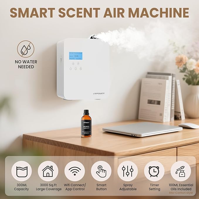 URPOWER Waterless Nebulizing Scent Diffuser 300ml Lockable Oil Bottle, Up to 3000 Sq Ft, Smart APP Control HVAC/Wall/Desktop Cold-Air Aromatherapy Machine for Home/Office/Hotel Starter Oil Included
