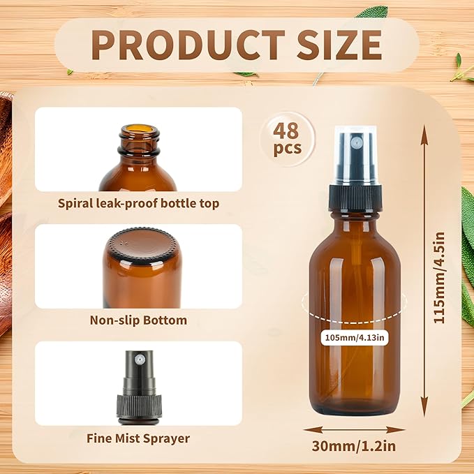 BILLIONSTARS 48 Pack 2oz Glass Boston Round Bottle with Fine Mist Sprayer - Amber - Essential Oils, Bath, Beauty, Hair & Cleaning - Leakproof Travel Bottles