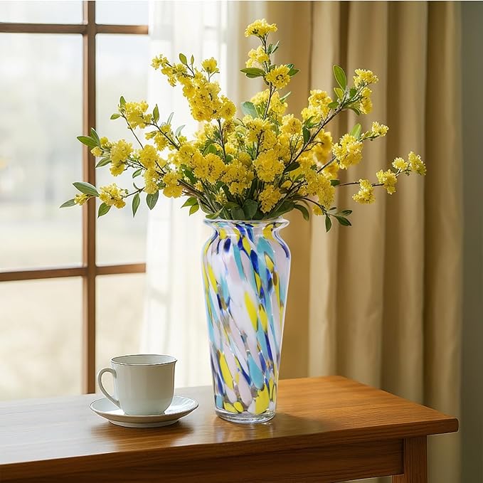 Blown Glass Colorful vase, Colorful Home Decorations, Modern Art Wide Mouth vase for Living Room Dining Coffee Table entryway TV Cabinet Bedside Table Centerpiece.