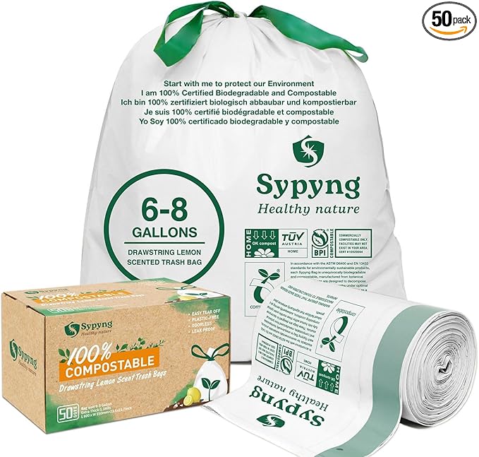 Compostable Trash Bags 6-8 Gallon (50-Pack) – Heavy Duty, 1.1 Mil Thick, 100% Biodegradable Kitchen Waste Bags for Medium Bins | ASTM D6400, BPI & OK Compost HOME Certified, Eco-Friendly & Recyclable