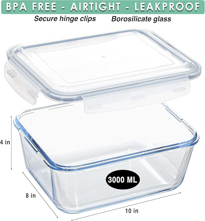 Large Glass Food Storage Container - Baking Containers with Hinged Locking Lids. 100% Leak Proof. 12 Cups / 3000 ml