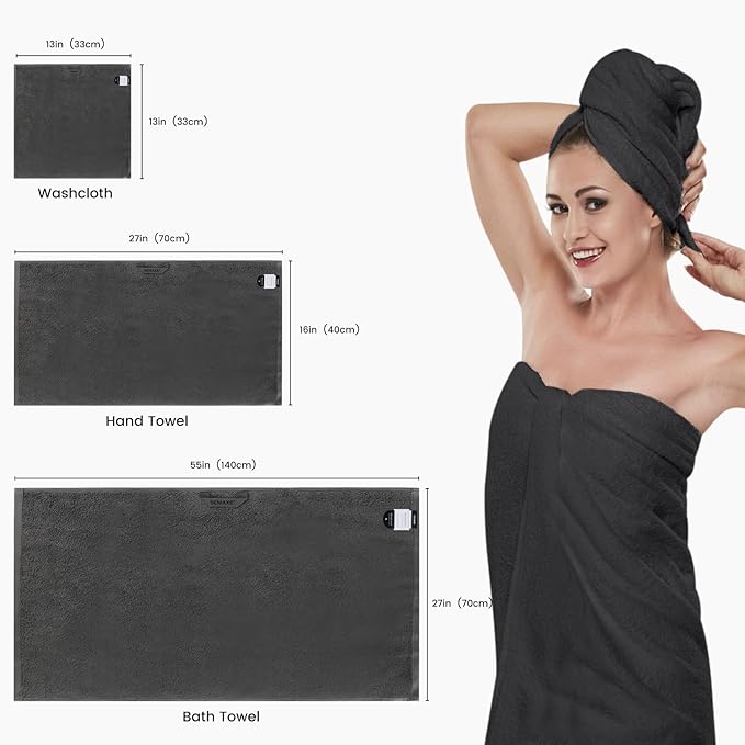 SEMAXE Bath Towel Set, 100% Cotton Bathroom Towels with Hanging Loops, Soft & Absorbent, 8 Piece Towel Set Include 2 Bath Towels, 2 Hand Towels, 4 Washcloths, Yellow & Grey