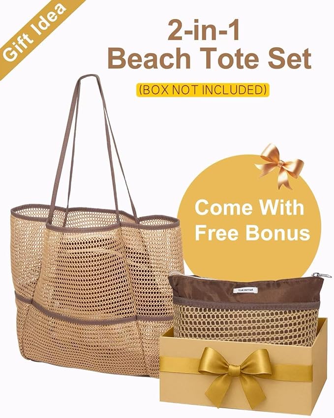 Mesh Beach Tote Bag Packable,2025 New 2-in-1 Large Lightweight Foldable Beach Bags with Multiple Pockets for Women