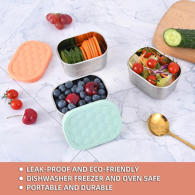 UPTRUST Stainless Steel Snack Containers for Kids, Easy Open Leak Proof, Small Food Containers with Silicone Lids, Perfect Metal Lunch Box for Daycare and School (3pcs 8oz)
