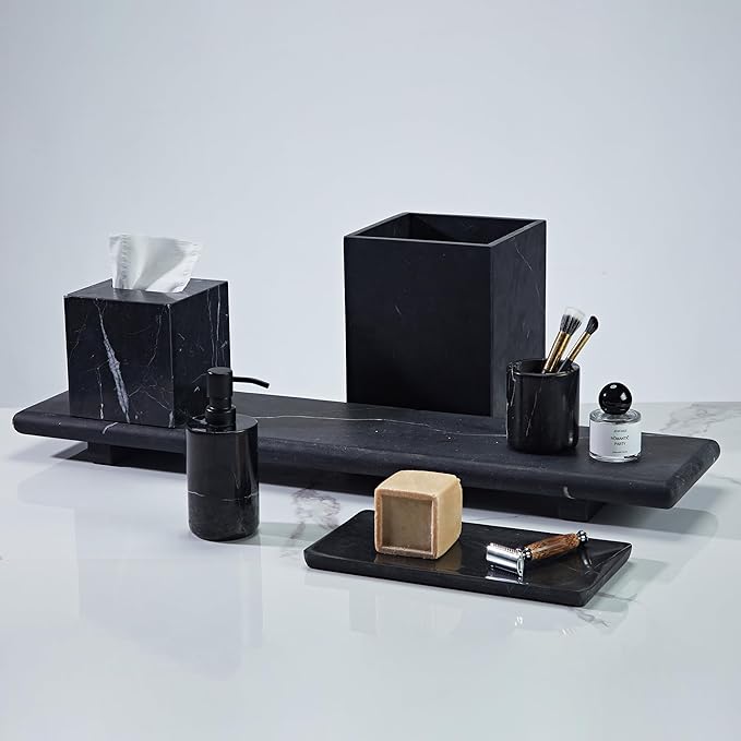 Black Marble Tray for Bathroom, Organic Natural Texture Catchall Tray for Dresser, 12 x 6 x 0.75 Inch Rectangle Elegant Jewelry Storage Platter, Marble Countertop Organizer for Home Decor