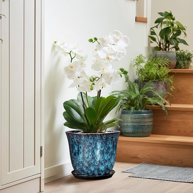 10 Inch Plant Pot - Ceramic Planter with Drainage Hole and Saucer, Round Flower Pots for Indoor Outdoor, Modern Decorative Planter for Plants, Home Office Decor, Plant Lover Gifts, Blue
