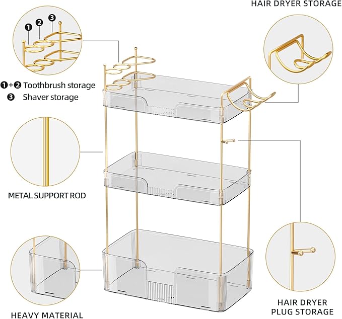3 Tier Bathroom Organizer Countertop Makeup Perfume Tray Skincare Organizer Comes with Hair Dryer Rack and Toothbrush Holder for Bathroom Dresser Vanity (White)