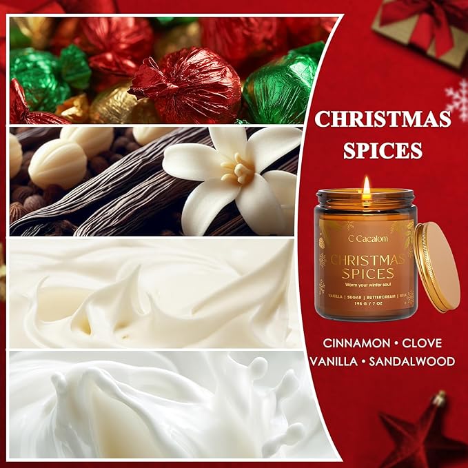 Christmas Soy Candles for Home Decor Non-Toxic Aromatherapy Scented Candles for Holiday Christmas Gifts, Cozy Cute Jar Candle, Winter Long Lasting Candle for Women Men, Cinnamon Vanilla Candle