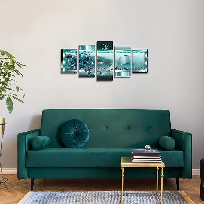 LUDUHU Turquoise Orchid Flowers Canvas Print - Abstract Green Floral Poster, Blue Wall Art Painting Decor for Home Decoration Artwork Picture Bedroom Green Floral (A,Oversize 60x30inch)