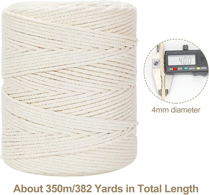 Macrame Cord 4mm x 380Yards (1140Feet), Natural Cotton Macrame Rope - 4 Strands Twisted Macrame Cotton Cord for Wall Hanging, Plant Hangers, Crafts, Gift Wrapping and Wedding Decorations, Red