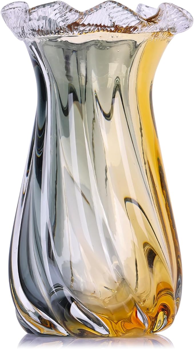 Amber Glass Vase Home Decor, Hand Blown Glass Vases Wide Mouth for Pampas Grass and Flower Decorative, Modern Minimalism Art Murano Clear Glass Vase, Coffee Table, Office Centerpiece