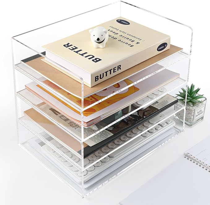 4 Pack Acrylic Paper Tray Organizer for Desk Clear File Organizer,Acrylic Desk Organizers and Accessories Sorter,Perfect for File Paper, Ipad, Letter, A4 Office File, Books, Notes.