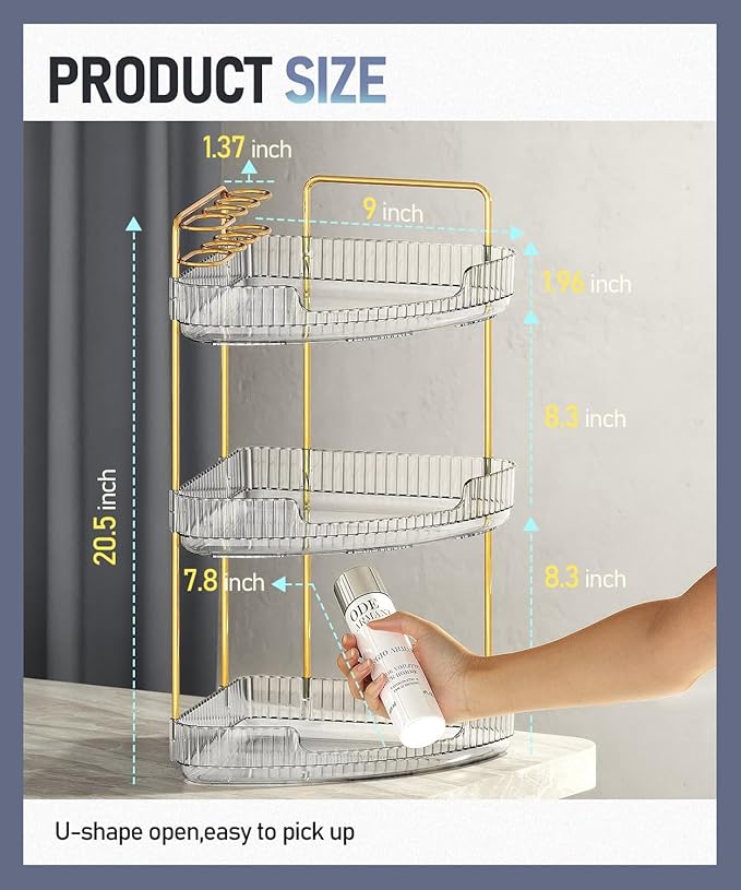3-Tier Corner Bathroom Counter Organizer Makeup Cosmetic Storage, Tool-Free Installation Acrylic Vanity Shelf, Countertop Storage Organizers Perfume Tray for Bathroom, Dresser, Kitchen (Clear)