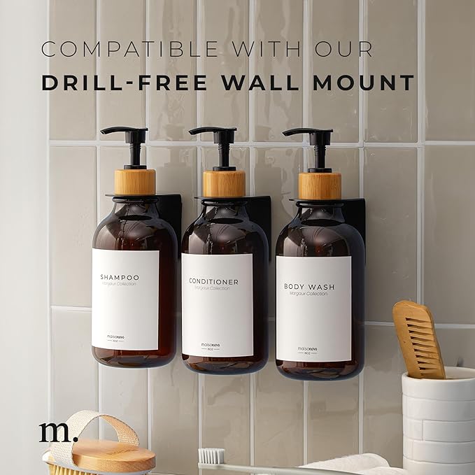 MaisoNovo Refillable Shampoo and Conditioner Bottles | 16.9 fl oz Set of 3 Amber Plastic Bottles Black Bamboo Pumps